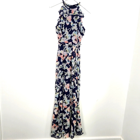 Leslie Fay Ruffle Halter Blue Floral Lined Chiffon Maxi Dress Size 6 - Picture 1 of 12